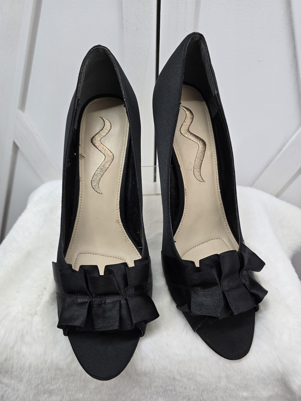 Nina Black Ruffled Peep-Toe Heels